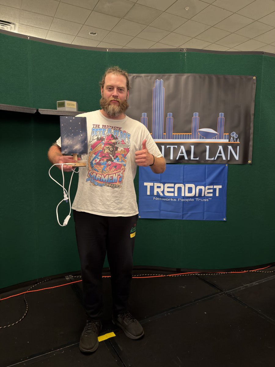 Attendee holding a trophy on stage