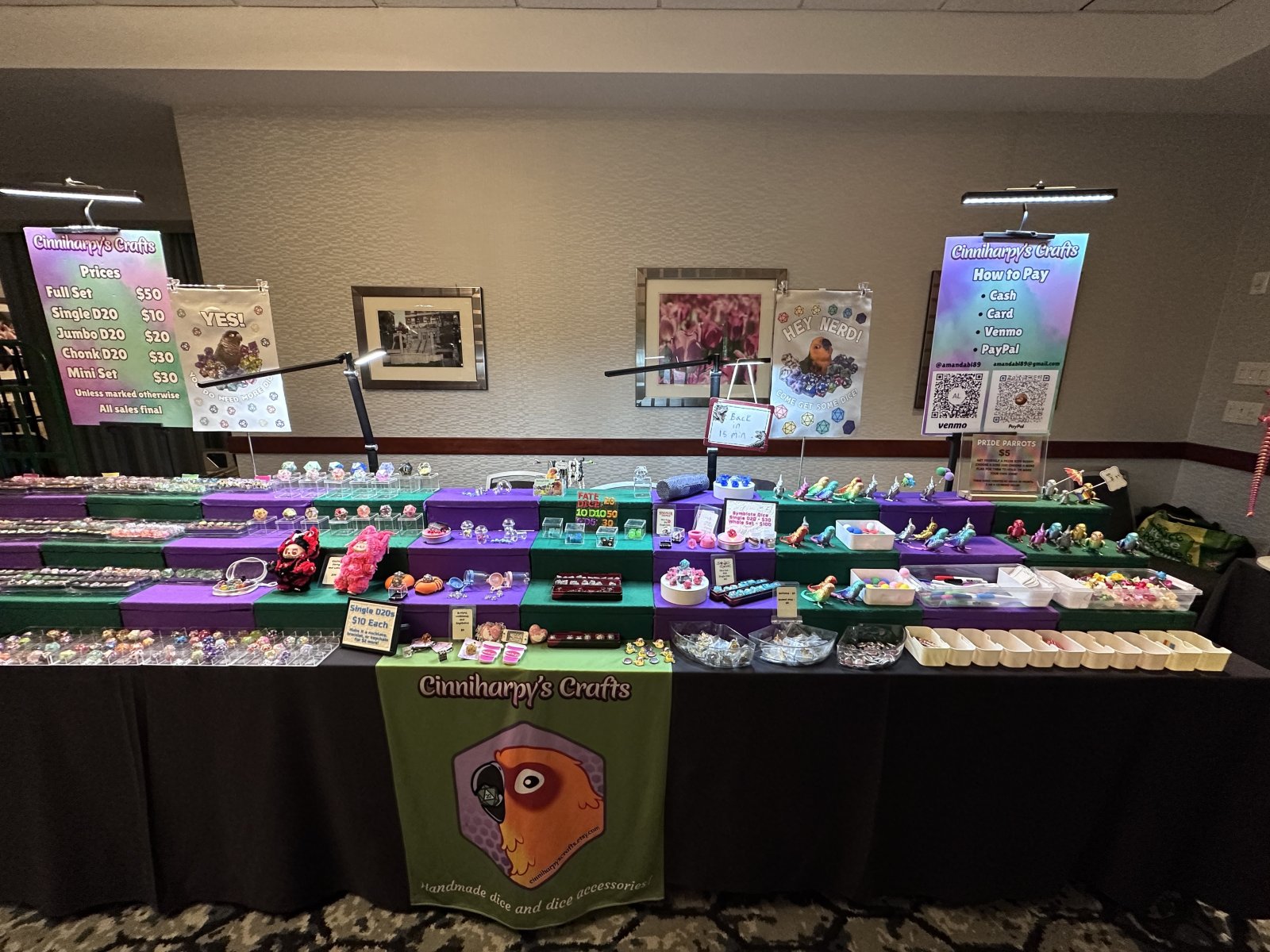 Craft vendor table with dice accessories