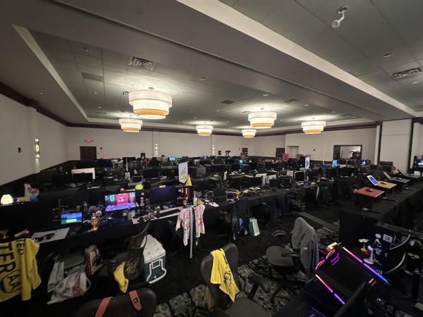 Empty BYOC hall with gaming setups