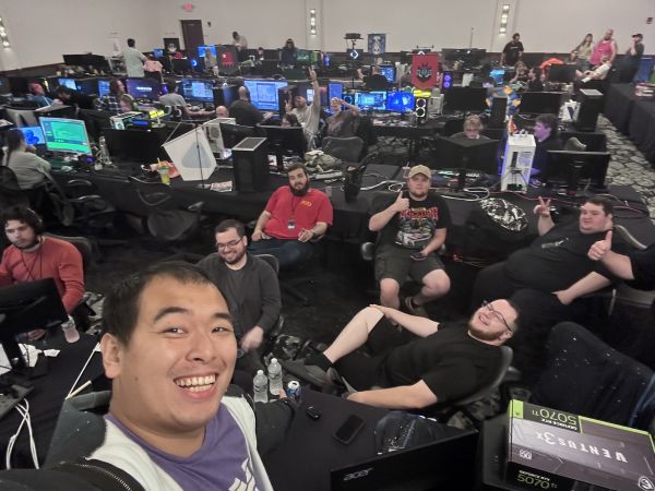 Group selfie in BYOC hall at gaming event